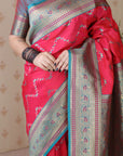 Pink Soft Banarasi Silk Zig Zag Pattern Meenakari Zari Woven Saree