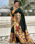 Bottle Green Paithani Silk Saree with Zari Woven Big Border Concept
