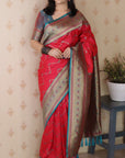 Pink Soft Banarasi Silk Zig Zag Pattern Meenakari Zari Woven Saree
