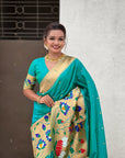 Aqua Blue Paithani Silk Saree with Zari Woven Big Border Concept