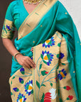 Aqua Blue Paithani Silk Saree with Zari Woven Big Border Concept