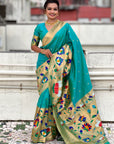 Aqua Blue Paithani Silk Saree with Zari Woven Big Border Concept