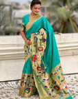 Aqua Blue Paithani Silk Saree with Zari Woven Big Border Concept