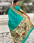 Aqua Blue Paithani Silk Saree with Zari Woven Big Border Concept