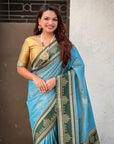 Sky Blue Soft Traditional Kolam Art Concept Zari Woven Silk Saree