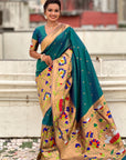 Peacock Blue Paithani Silk Saree with Zari Woven Big Border Concept