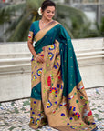 Peacock Blue Paithani Silk Saree with Zari Woven Big Border Concept