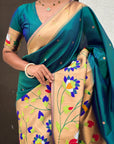 Peacock Blue Paithani Silk Saree with Zari Woven Big Border Concept