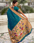 Peacock Blue Paithani Silk Saree with Zari Woven Big Border Concept