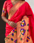 Red Paithani Silk Saree with Zari Woven Big Border Concept