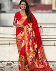 Red Paithani Silk Saree with Zari Woven Big Border Concept