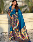 Blue Paithani Silk Saree with Zari Woven Big Border Concept