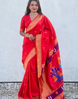 Red Zari Woven Paithani Silk Sareewith Vitthal Rukmini Pallu