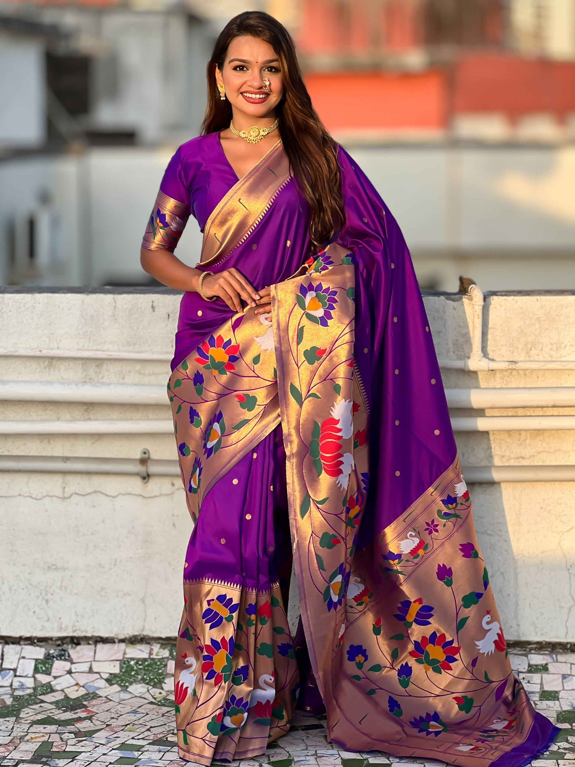 Purple Paithani Silk Saree with Zari Woven Big Border Concept