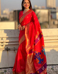 Red Zari Woven Paithani Silk Sareewith Vitthal Rukmini Pallu