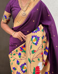 Wine Paithani Silk Saree with Zari Woven Big Border Concept