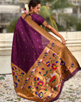 Wine Paithani Silk Saree with Zari Woven Big Border Concept