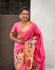 Baby Pink Paithani Silk Saree with Zari Woven Big Border Concept