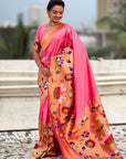 Baby Pink Paithani Silk Saree with Zari Woven Big Border Concept