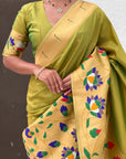 Mehendi Green Paithani Silk Saree with Zari Woven Big Border Concept