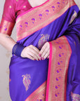 Violet Soft Silk Banarasi Zari Woven Peacock Butta Saree