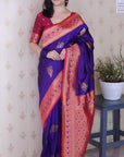 Violet Soft Silk Banarasi Zari Woven Peacock Butta Saree
