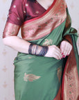 Mehendi Green Soft Silk Banarasi Zari Woven Peacock Butta Saree