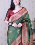 Mehendi Green Soft Silk Banarasi Zari Woven Peacock Butta Saree
