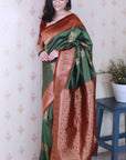 Mehendi Green Soft Silk Banarasi Zari Woven Peacock Butta Saree