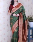 Mehendi Green Soft Silk Banarasi Zari Woven Peacock Butta Saree