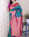 Peacock Blue Soft Silk Banarasi Zari Woven Peacock Butta Saree