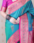 Peacock Blue Soft Silk Banarasi Zari Woven Peacock Butta Saree