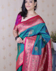Peacock Blue Soft Silk Banarasi Zari Woven Peacock Butta Saree