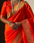 Orange Zari Woven Paithani Silk Saree with Vitthal Rukmini Pallu