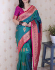 Peacock Blue Soft Silk Banarasi Zari Woven Peacock Butta Saree