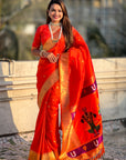 Orange Zari Woven Paithani Silk Saree with Vitthal Rukmini Pallu
