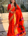 Orange Zari Woven Paithani Silk Saree with Vitthal Rukmini Pallu