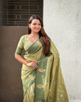Dusty Pista Green Soft Silk Zari Woven Zig Zag Pattern Saree