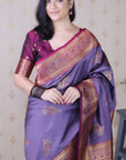 Lavender Soft Silk Banarasi Zari Woven Peacock Butta Saree