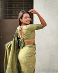 Dusty Pista Green Soft Silk Zari Woven Zig Zag Pattern Saree