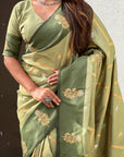 Dusty Pista Green Soft Silk Zari Woven Zig Zag Pattern Saree