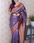 Lavender Soft Silk Banarasi Zari Woven Peacock Butta Saree