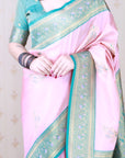 Light Pink Soft Silk Banarasi Zari Woven Peacock Butta Saree