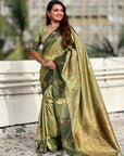 Dusty Pista Green Soft Silk Zari Woven Zig Zag Pattern Saree