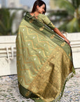 Dusty Pista Green Soft Silk Zari Woven Zig Zag Pattern Saree