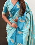Dusty Sky Blue Soft Silk Zari Woven Zig Zag Pattern Saree