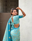 Dusty Sky Blue Soft Silk Zari Woven Zig Zag Pattern Saree