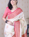 Cream Soft Silk Banarasi Zari Woven Peacock Butta Saree