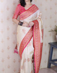 Cream Soft Silk Banarasi Zari Woven Peacock Butta Saree