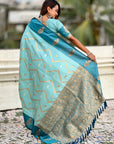 Dusty Sky Blue Soft Silk Zari Woven Zig Zag Pattern Saree